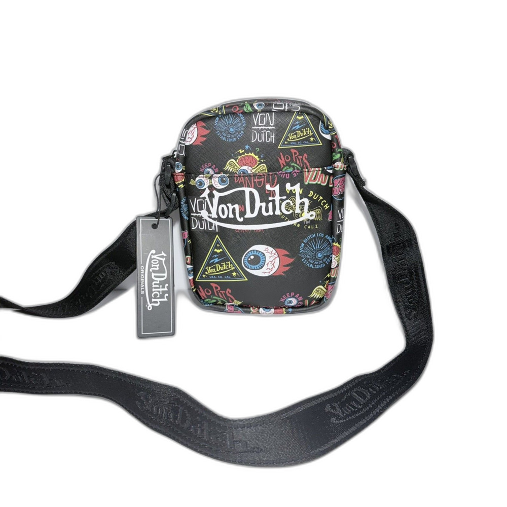 Von Dutch Y2K Black Flying Eyeball Multi Color Logo Crossbody Bag NWT